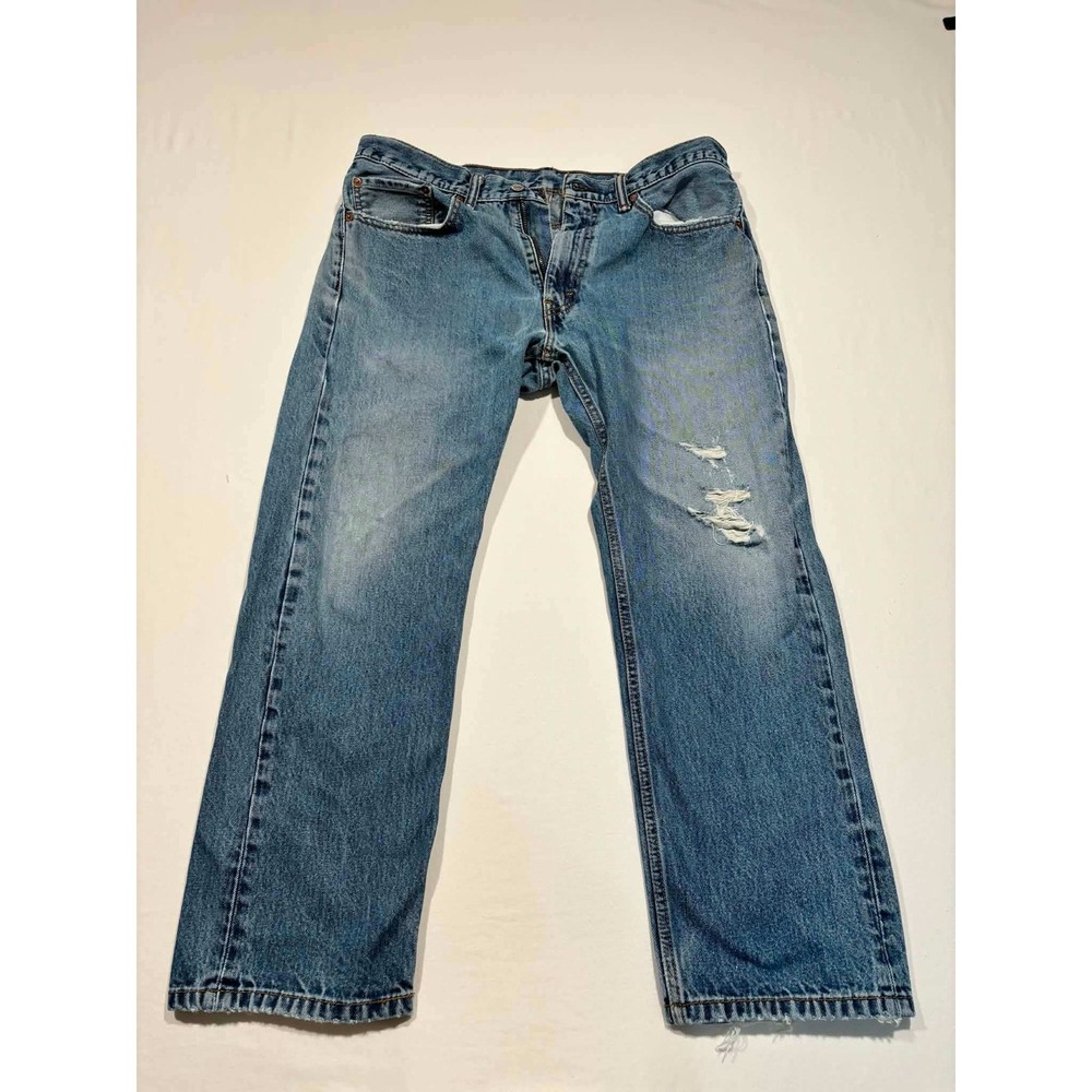 Levis 505 Regular Fit Straight Leg Blue Distressed Denim Jeans Mens 36x29